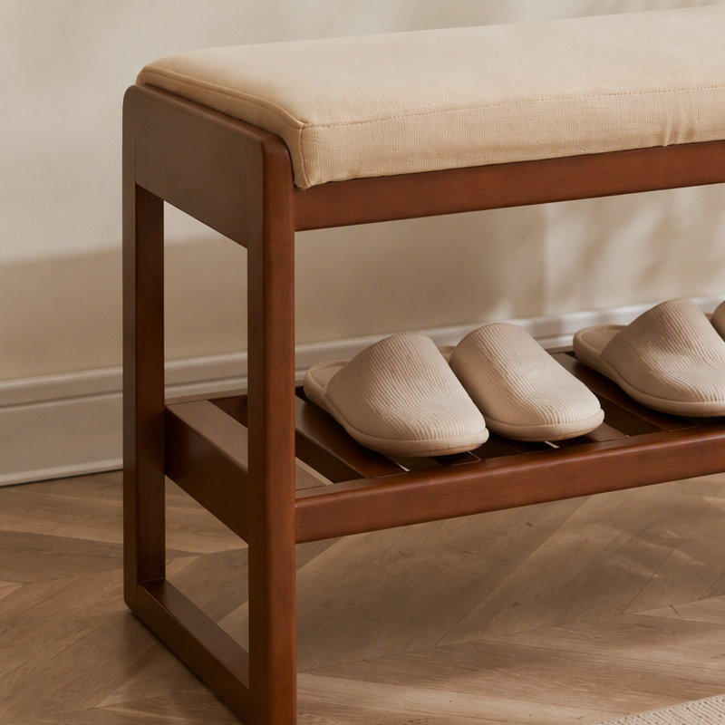 Banc de rangement en bois massif (couleur noyer), étagère de rangement en bois de hêtre avec coussin éponge à rebond élevé