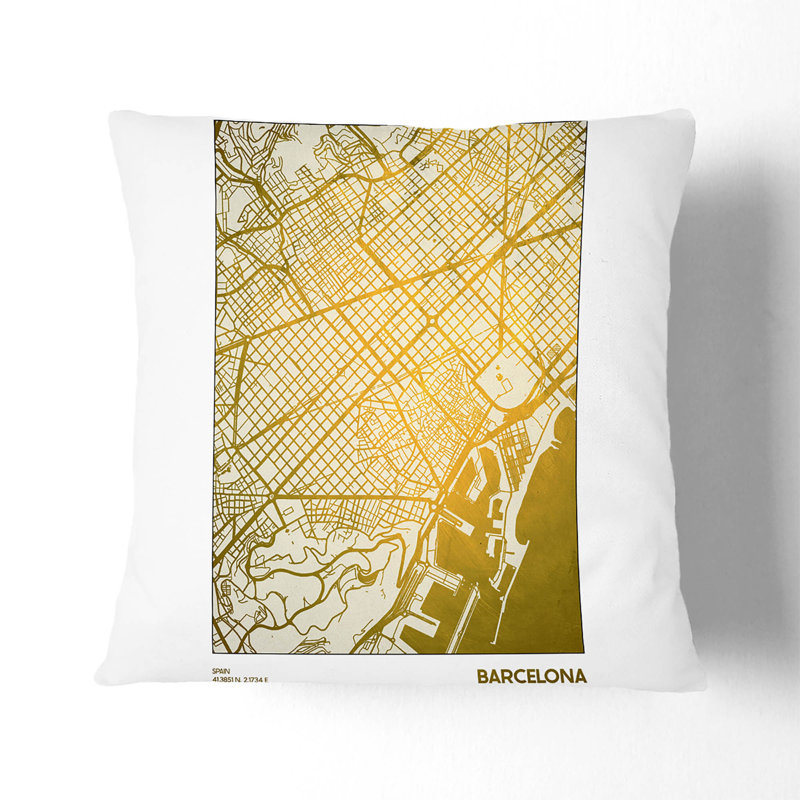 Map Barcelona Spain Gold Plate Square Throw Cushion, 55cm H x 55cm W x 20cm D, Black