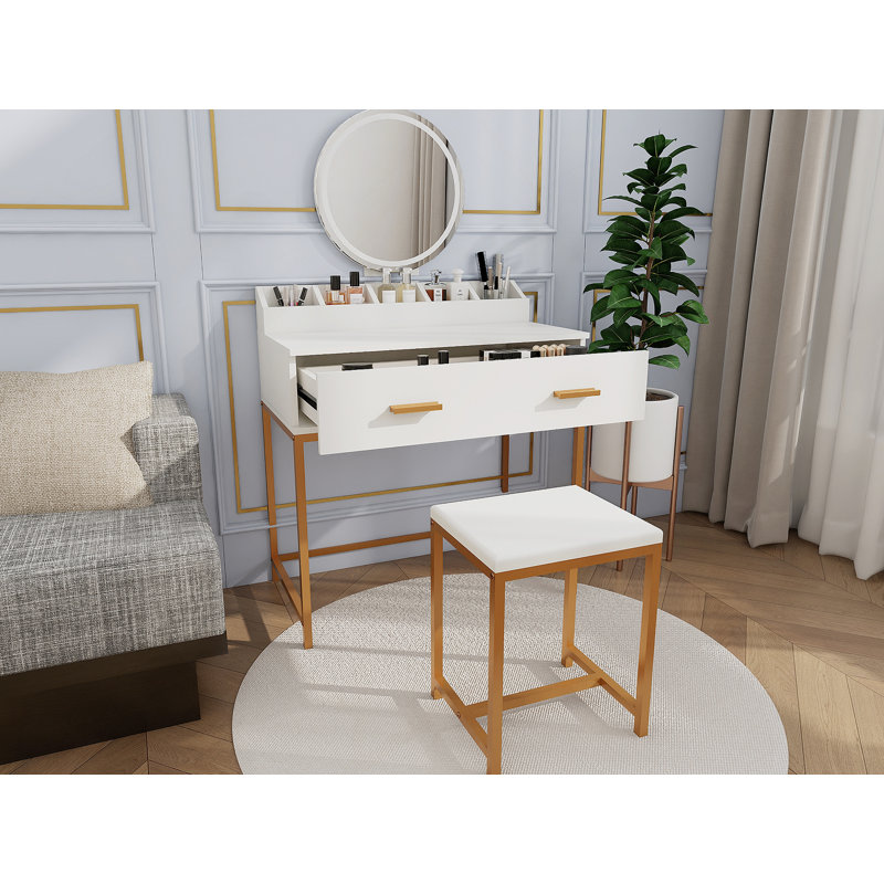 Vanity Set With Mirror And Stool - Makeup Vanity Table With Storage Drawers And Organizer, White And Gold, Space-Saving Design For Small Bedrooms