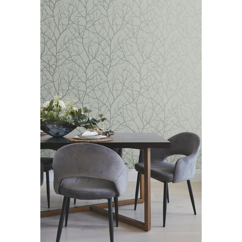 Rouleau de papier peint métallique L 33 pi x l 20,8 po Trees Silhouette, Gris / Argent