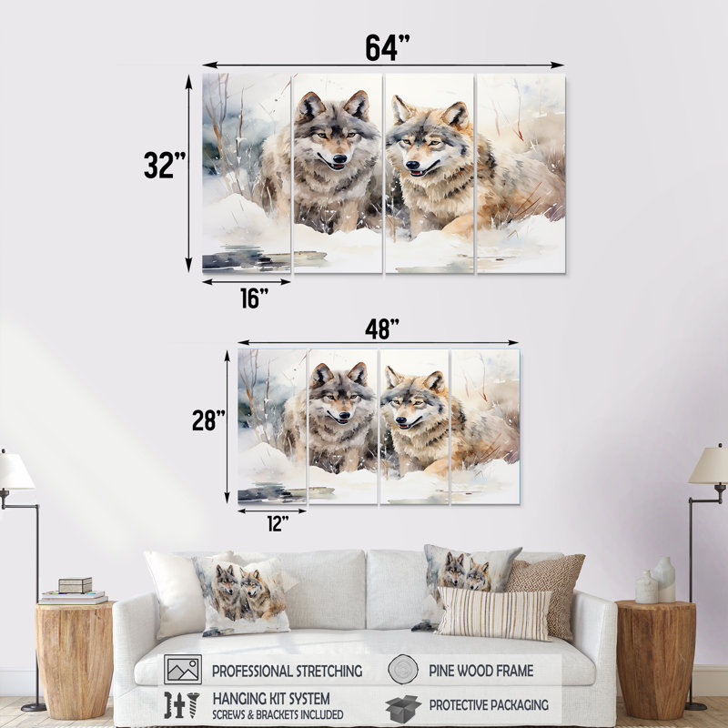 «Forest Wolves In Winter Landscape - Wolf», 4 pièces, H 32 po x l 64 po