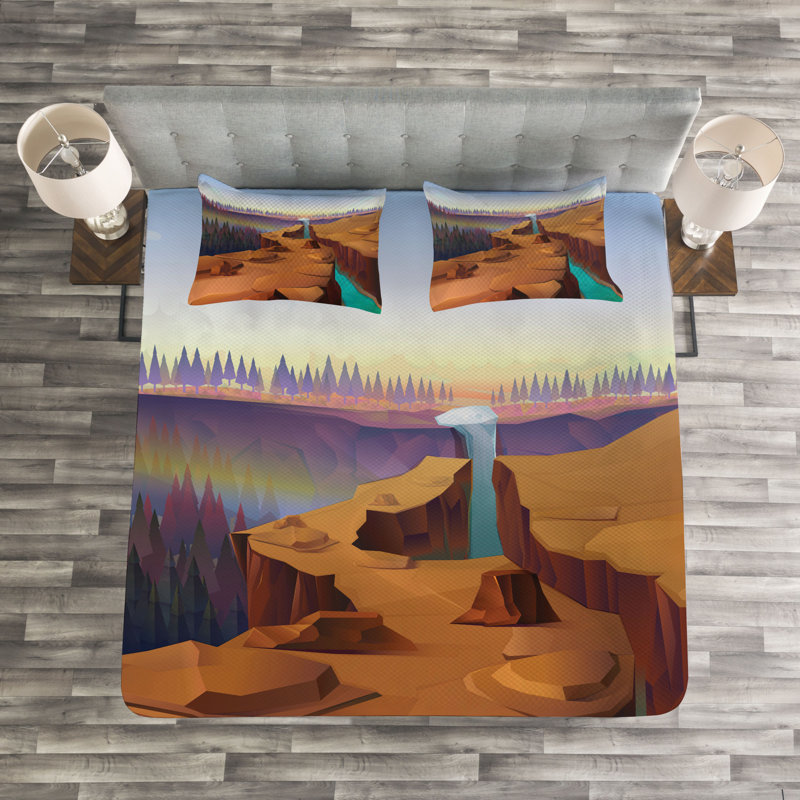 Adrit Brown/Blue/Purple Microfibre Bedspread Set, 220 x 264 cm