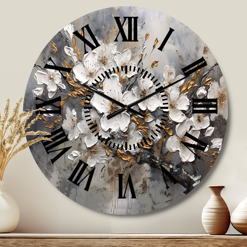 Horloge murale blanche et grise cerise Blossum Harmony I, Médium