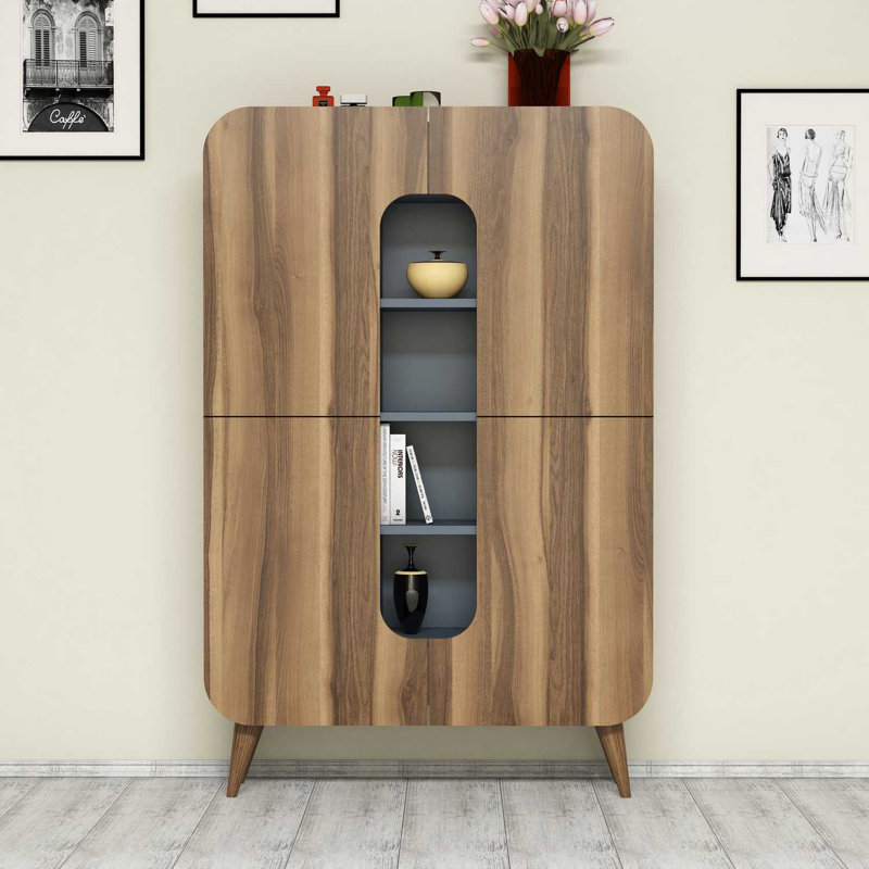 Modern Multi-Purpose Cabinet, Walnut & Blue, 36.6 x 56.7 x 12.5 inches | 100% Melamine Coated Particle Board, Thickness: 0.7 inches | Numerous Shelves, Wall-Mountable, Ideal for Home Office & Novelty Decor