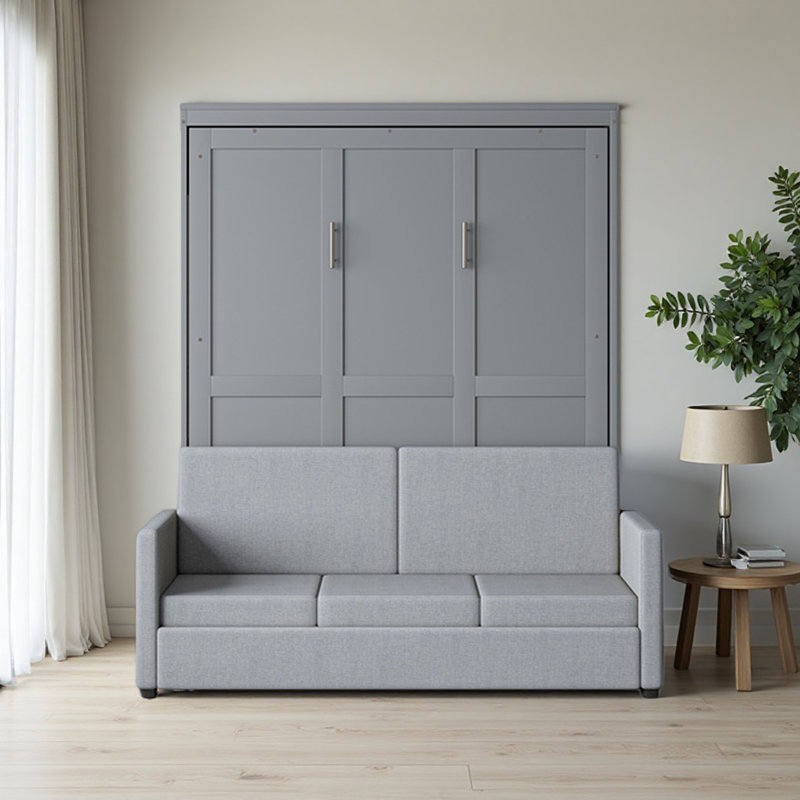Lit escamotable double pleine grandeur avec coussin, Gris