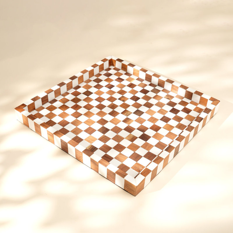 Plateau de service décoratif carré de 40 cm (16 po) avec motif à carreaux en bois et résine