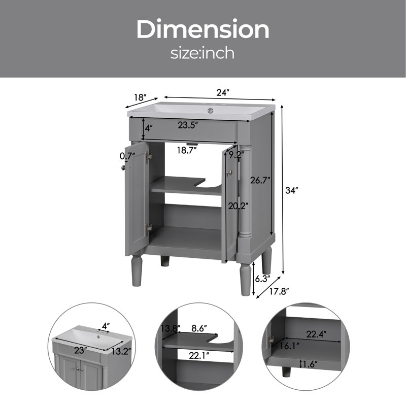 Ensemble de meuble-lavabo simple autoportant 24 po avec plateau en résine Conol, gris