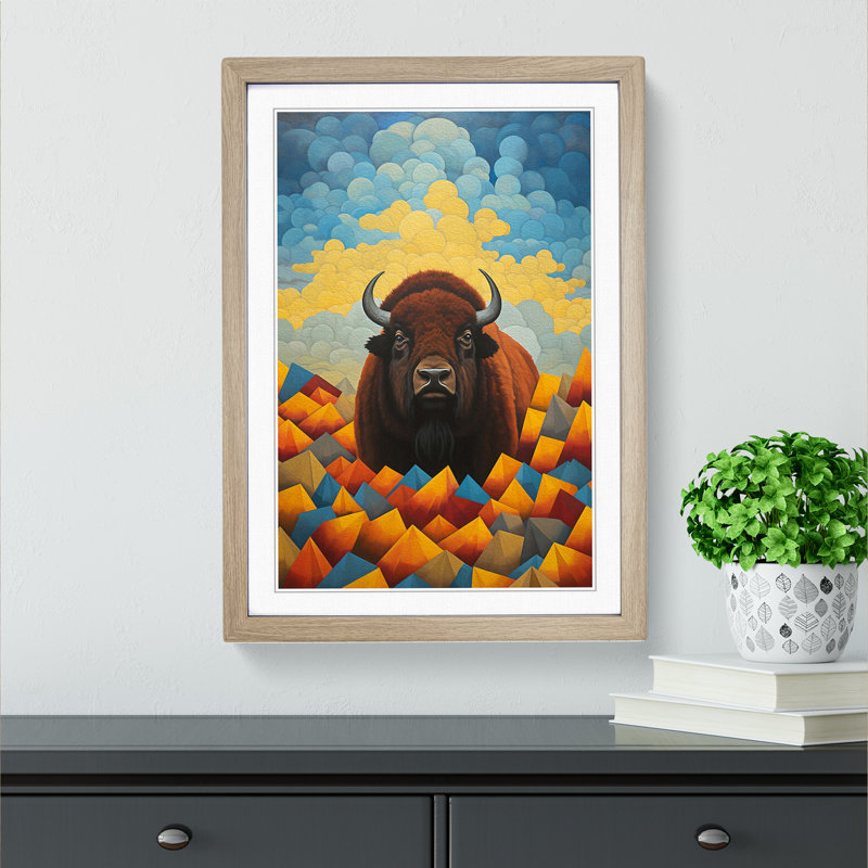 Bison Dadaism Art - Framed Print, 34cm H x 25cm W x 2cm D, Oak Framed