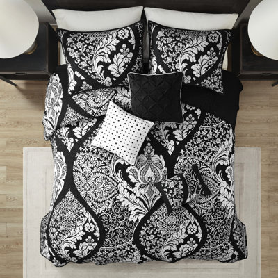 Literie réversible en coton avec coussins décoratifs - courtepointe noire / grand 6 pièces et motif blanc