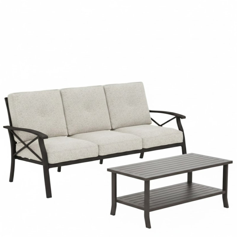 Ensemble de patio d'extérieur 2 pièces, canapé de patio en métal toutes saisons 70 po 3 places et table basse rectangulaire, avec coussins beiges et structure kaki