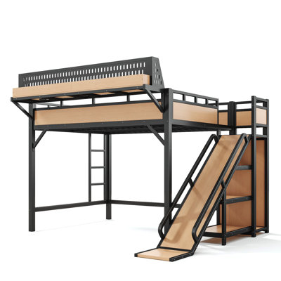 Lit mezzanine en métal, lit mezzanine avec glissade, tablettes de rangement et garde-robe intégrée, cadre de lit mezzanine en métal avec ports USB et lumières DEL, cadre de lit mezzanine haute, cadre de lit mezzanine multi-rangement pour enfants avec échelle pour salle de jeux