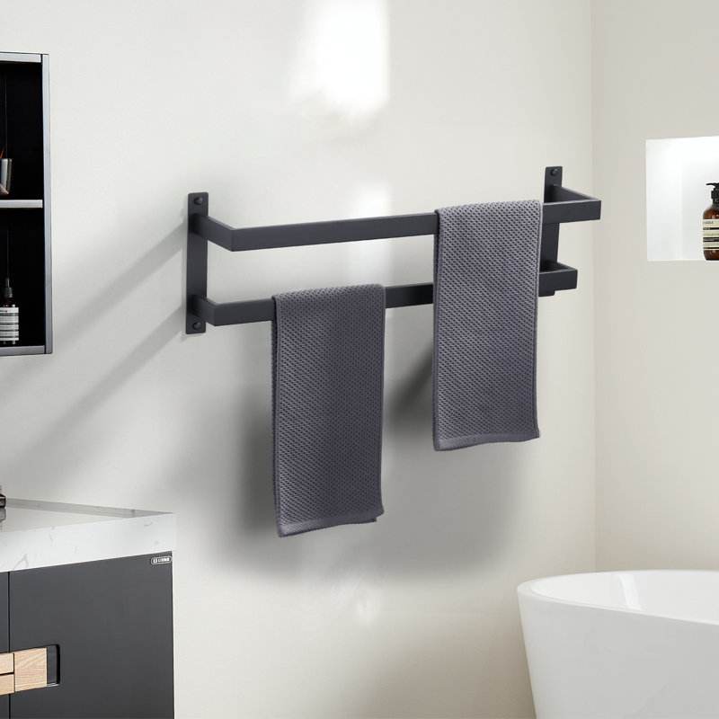 Porte-serviettes carré à 2 niveaux en acier inoxydable avec quincaillerie de fixation dissimulée, Noir mat