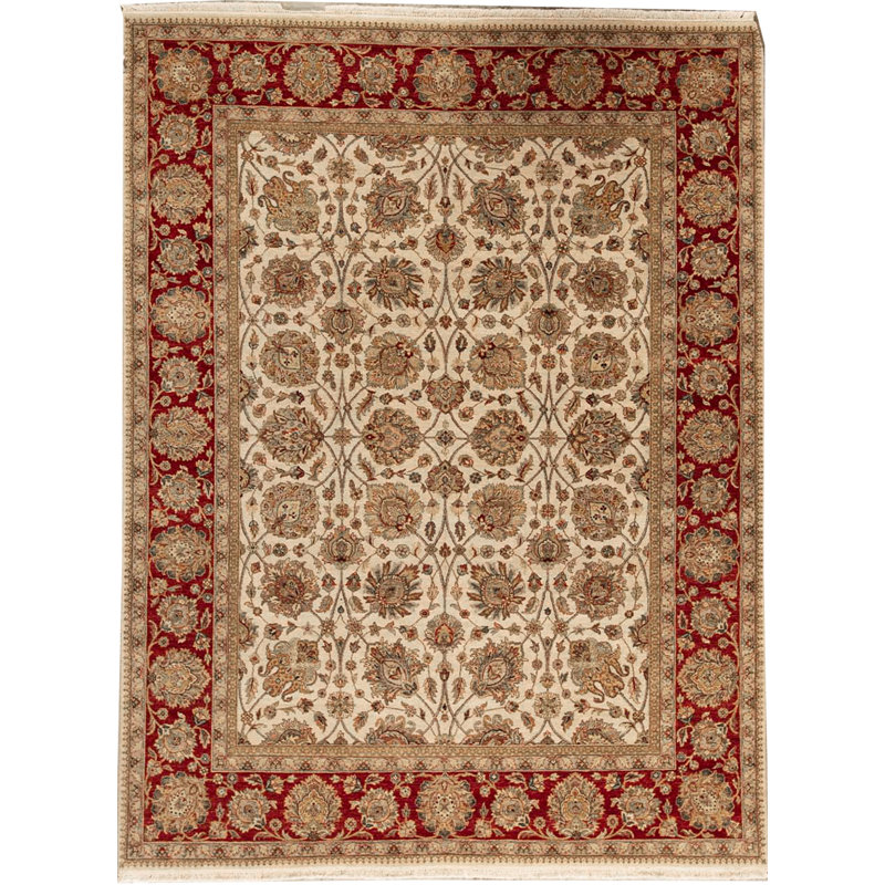 Tapis ivoire et rouge noué à la main de haute qualité, Rectangle 9 pi 1 po x 11 pi 11 po