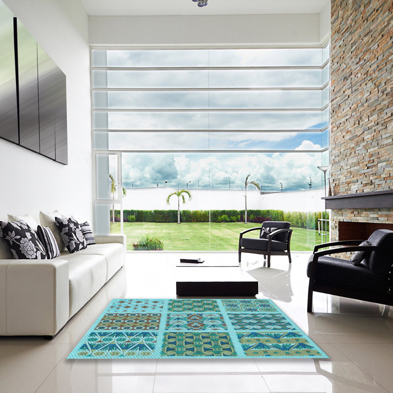 Tapis bleu ciel et laine patchwork, Carré 3 pi