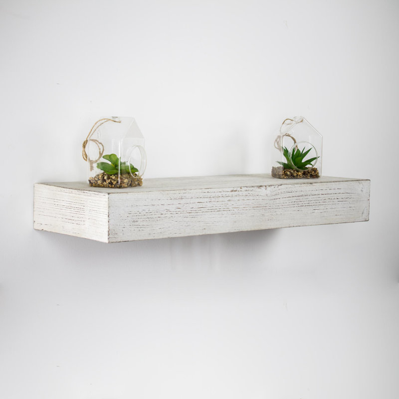Fenimore Rustic Whitewashed Distressed Floating Wall Shelf, 3" H x 36" W x 8" D