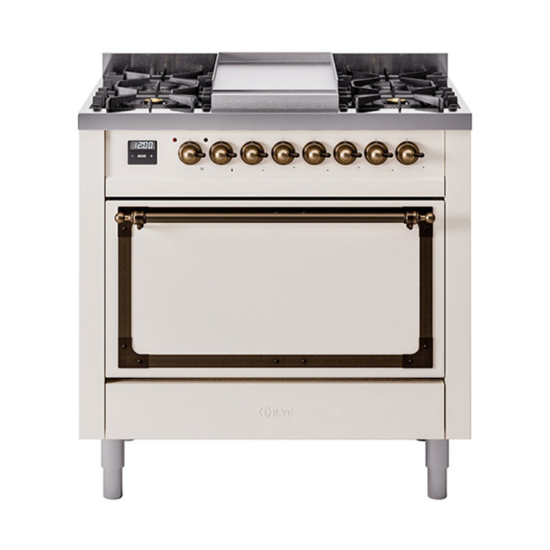 ILVE Nostalgie II Noblesse 36 po à double carburant, Propane liquide, Blanc antique / bronze
