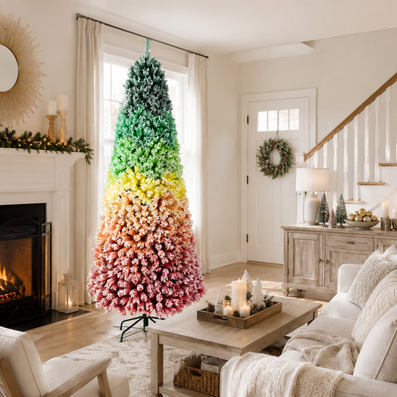 Sapin de Noël artificiel en PVC floqué arc-en-ciel dégradé de 1,80 m, pin coloré avec 1326 branches, finition enneigée, branches articulées et support en métal