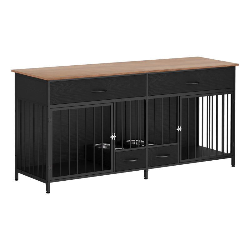 Wooden Double Dog Crate Furniture with Feeders, Black, 34" H x 74.8" W x 22" D