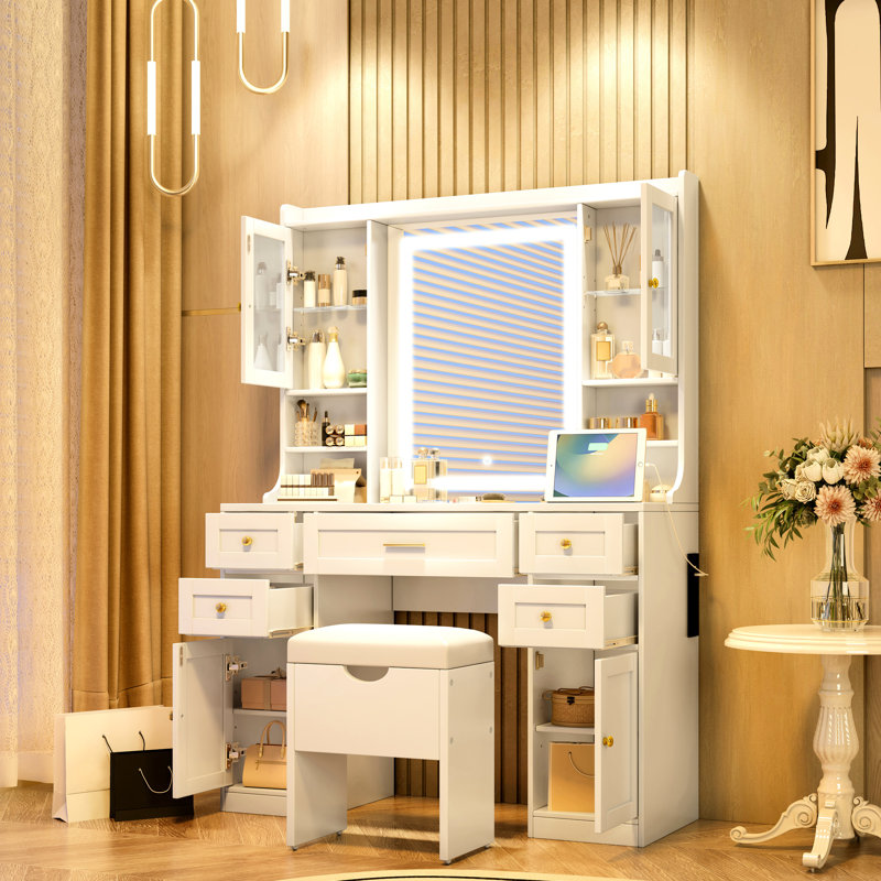 Meuble-lavabo blanc 41,4 po avec éclairage réglable, 5 tiroirs, 4 armoires, station de charge, tabouret rembourré et extérieur rétro - configuration idéale pour une chambre à coucher