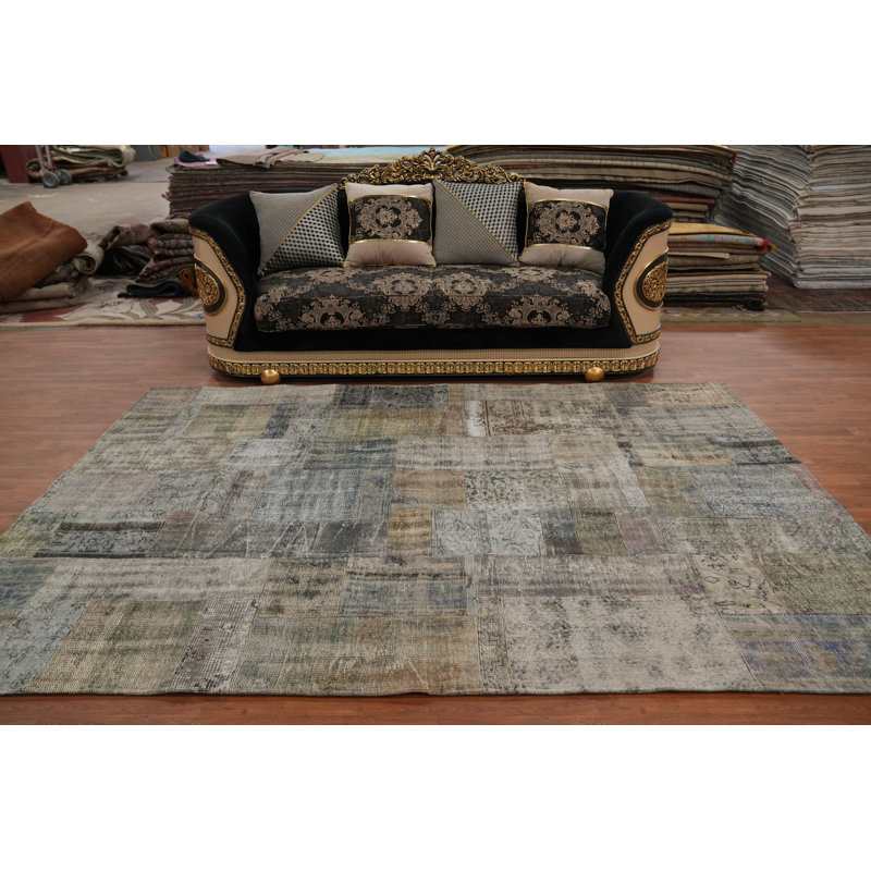 Wool Geometric Patchwork Distressed Area Rug 7x10