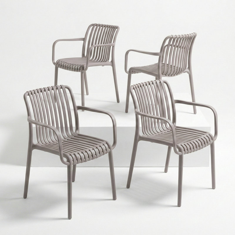 Outdoor Stackable Dining Chair With Armrest, All-weather Plastic Patio Chair, Pool Side Chair, Modern Slatted Design For Balcony, Garden, Backyard, Indoor & Outdoor Use (beige)