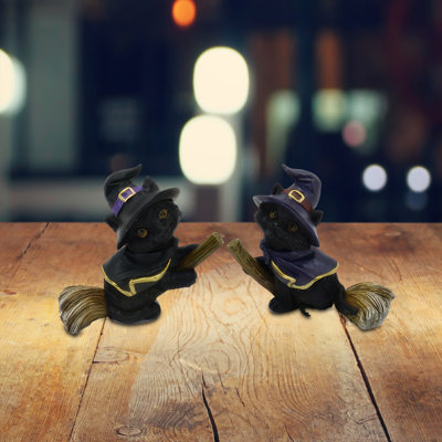 4.25"W 2-PC Cat Fly on Broom Figurine Set