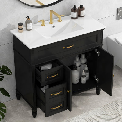 Meuble-lavabo 36 po avec lavabo, armoire de salle de bain avec tiroirs, cadre solide et panneau de fibres à densité moyenne, un paquet, noir