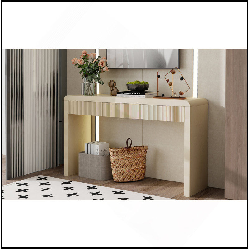 Console rustique avec 3 tiroirs cannelés - Table d'entrée en placage de bois massif avec grain de bois naturel pour le salon, le couloir (abricot)
