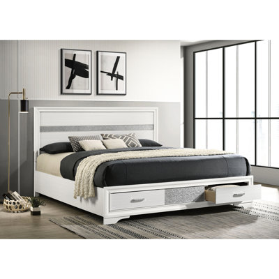 Très grand lit de rangement avec rayures scintillantes, 2 tiroirs en bois blanc et poignées en strass, 2 chambres à coucher Splendor