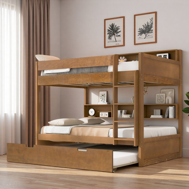 Lit superposé avec lit gigogne et rangement intégré, Simple sur simple, Bois antique