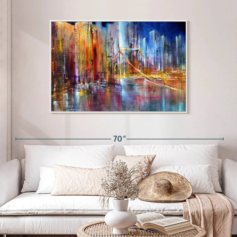 Paysage urbain vibrant, Cadre flottant blanc, 46 po x 31 po
