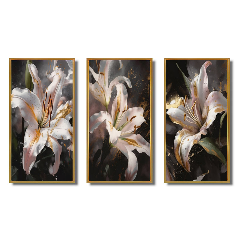 «White Graceful Lilies», 3 pièces, Cadre flottant doré, H 20 po x l 36 po