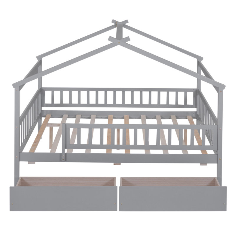 Lit double en bois avec deux tiroirs, Grey
