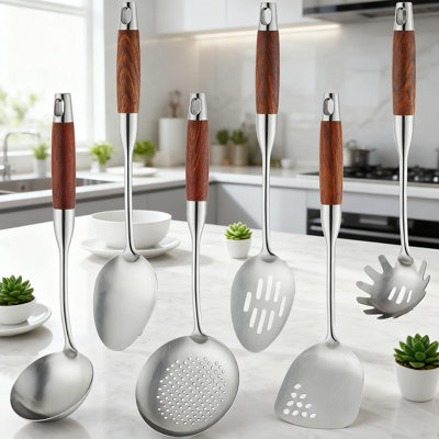 Professional 6-Piece Stainless Steel Kitchen Utensils Set With Wood Handle, Cooking Utensil Set Includes Spatula, Spoon, Ladle, Skimmer, Slotted Spoon, Pasta Server For Nonstick Cookware