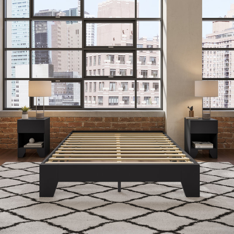 Lugano Black Full Wood Platform Bed Frame with Drawer