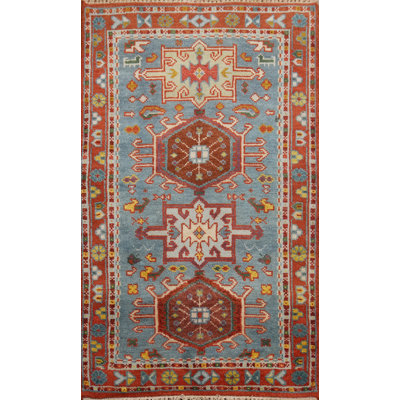Tapis bleu Kazak à motif géométrique 3 x 5