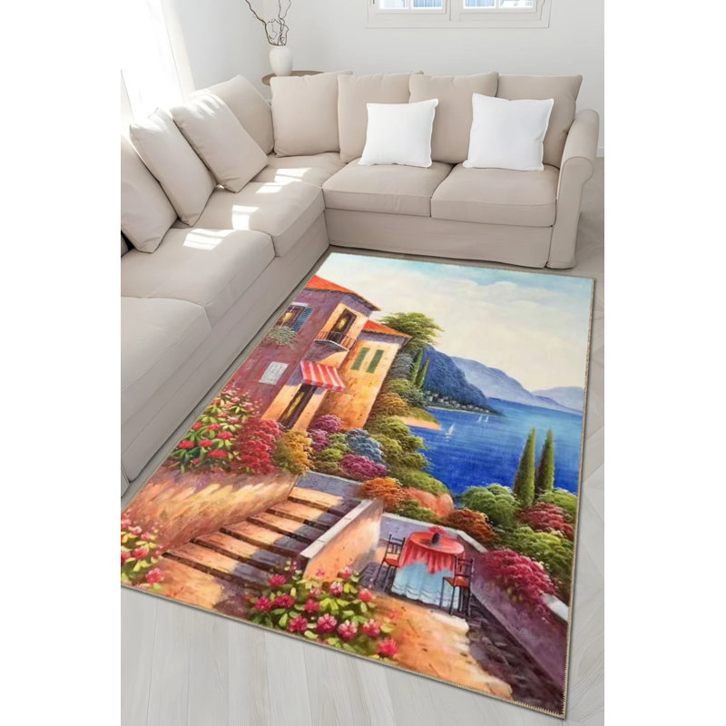 Tapisserie à motif de village de vacances à thème mer et montagne à motif rétro, Rond 5 pi