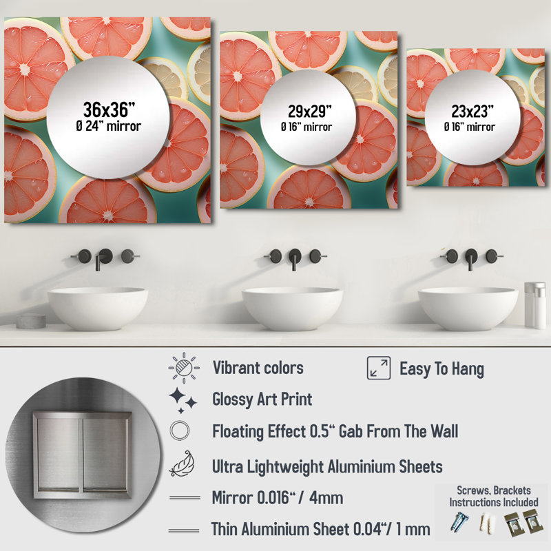Annzley - Grand miroir carré en forme de pamplemousse à motif de fruits dégradés, 36 po x 36 po