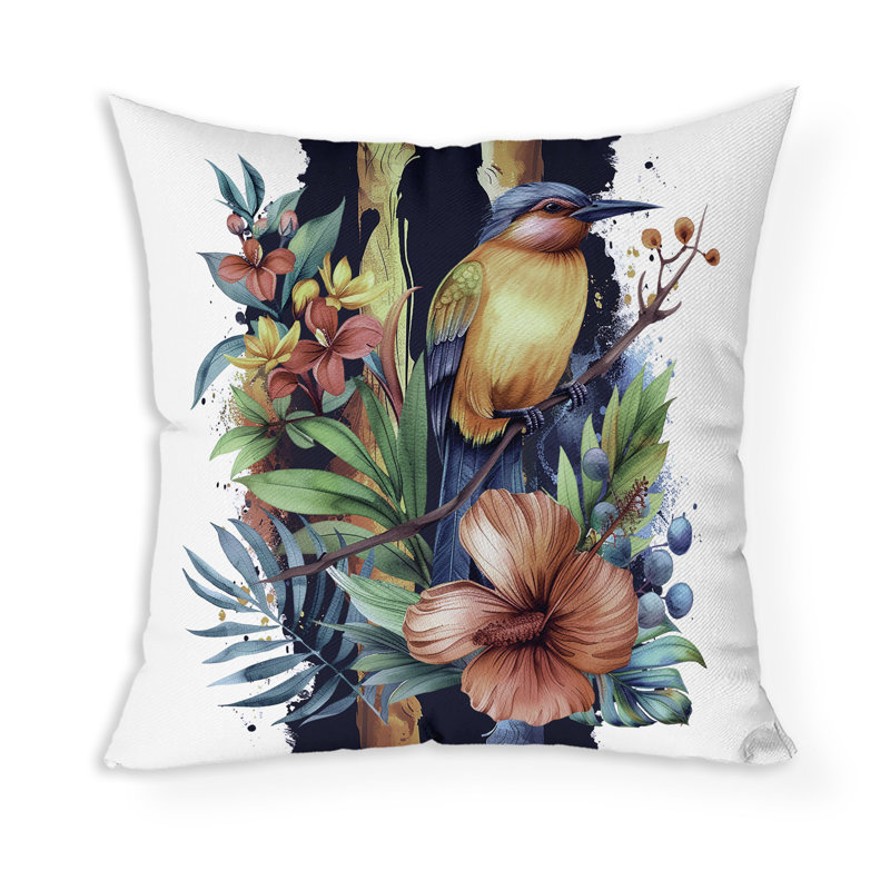 Coussin décoratif intérieur / extérieur Tropical Jungle Bird, Bleu / Vert, H 18 po x l 18 po
