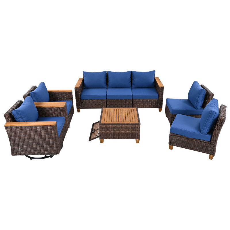 Ensemble 8 pièces de mobilier d'extérieur en osier avec coussin épais, Bleu, Brun