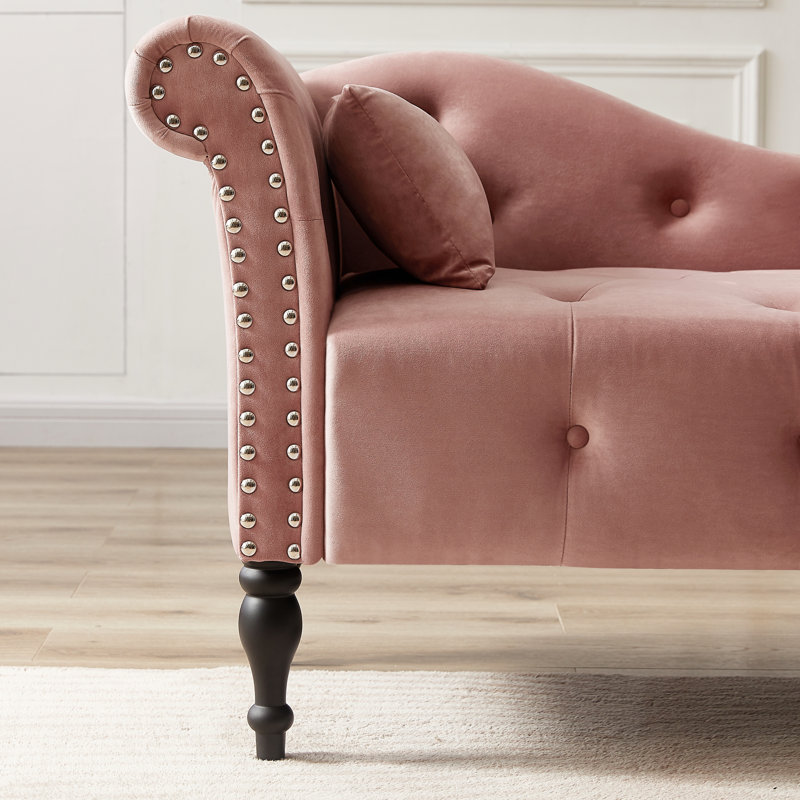 Méridienne en velours rose avec boutons, pieds en bois massif, garniture cloutée et coussin - Transformez votre salon, chambre à coucher, bureau, capitonnage à boutons, détendez-vous dans le confort et l'élégance