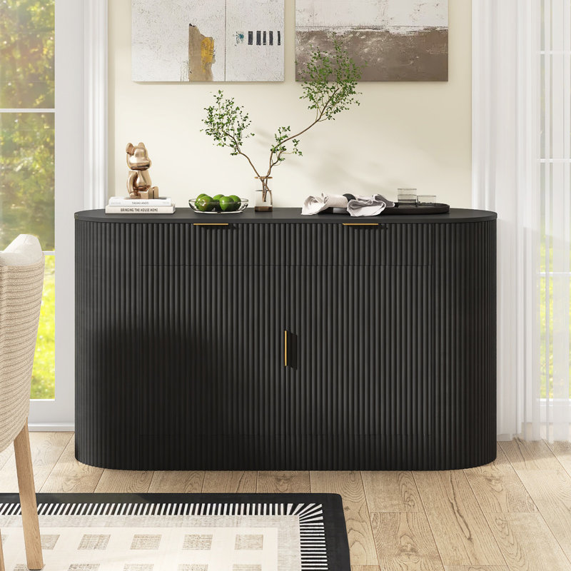Buffet moderne de 55 po avec rangement latéral supplémentaire et tiroirs, Black