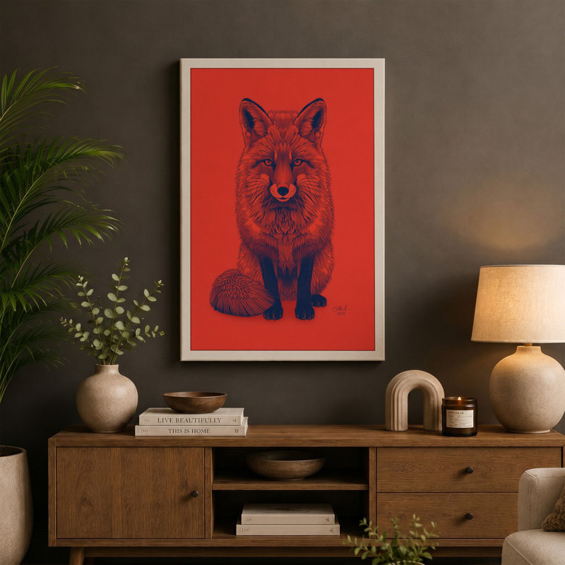 Confrontal Fox Modern - Wrapped Canvas, 18x12 - 45.7 x 30.5 cm, Teal Border