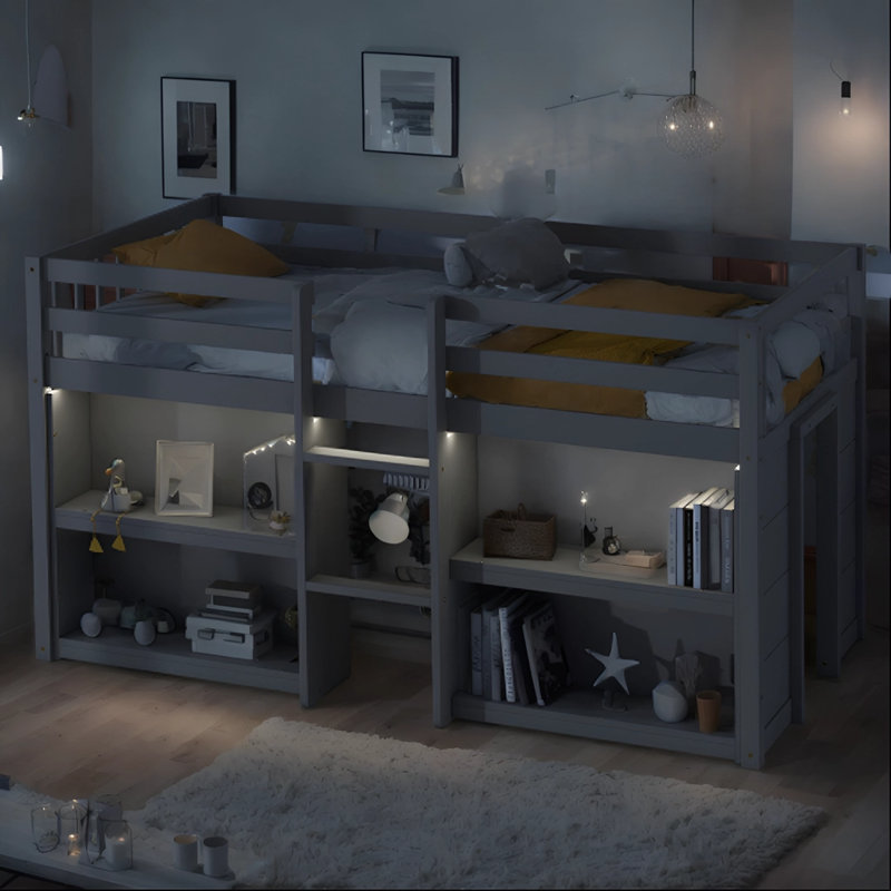 Lit simple mezzanine bas avec tablettes Jceur, Gris