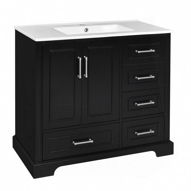 Meuble-lavabo traditionnel avec lavabo en céramique, armoire de salle de bain avec deux portes à fermeture douce et quatre tiroirs