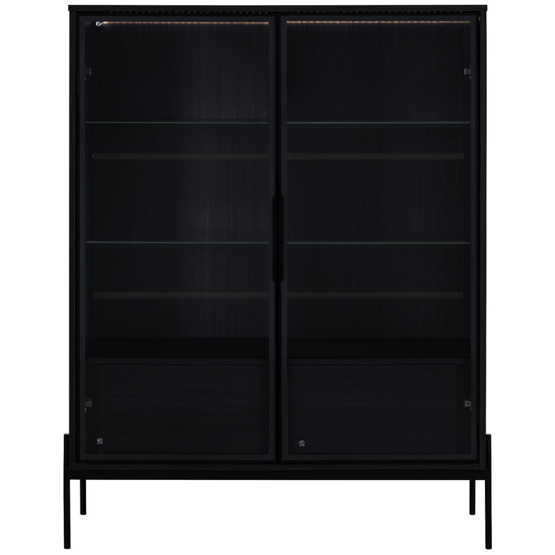 51.2'' Tall Led Cabinet With Tempered Glass Door And Metal Legs - Contemporary For Living Room, Office, Study, Black Lighted Storage Unit Modern Style Home,
