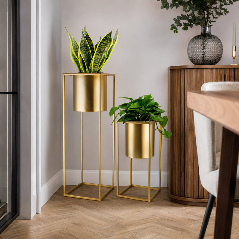 Set of 2 Metal Plant Pots with Stands 70cm & 45cm Tall Indoor Floor Planters, Gold