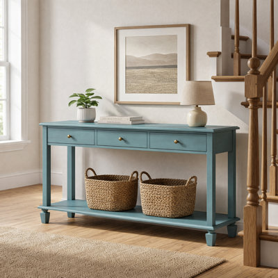 Bellmont Traditional Console Table with 3 Drawers, Open Shelf & Decorative Solid Pine Legs for Living Room