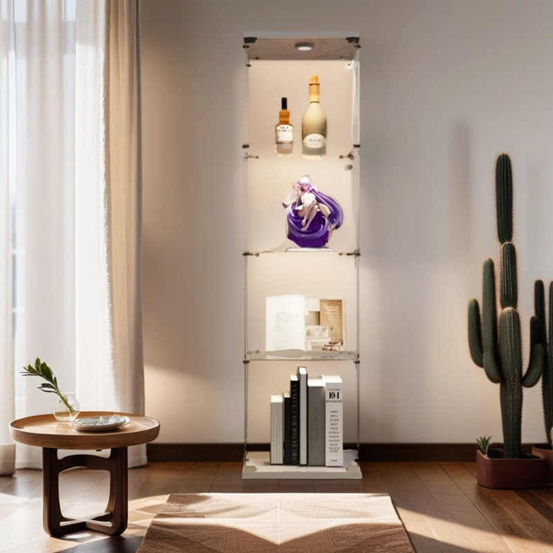 Présentoir lumineux en verre à 4 tablettes, blanc - pour collectionner des objets