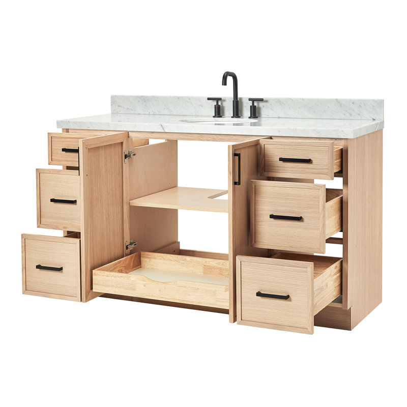 ARIEL Kellie 49 Single Sink Bathroom Vanity with Italian Carrara Marble Top, Oak, 61"